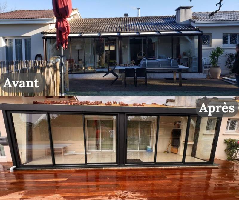 Avant / Après d'un remplacement de véranda en aluminium sur le bassin d'Arcachon à Gujan mestras